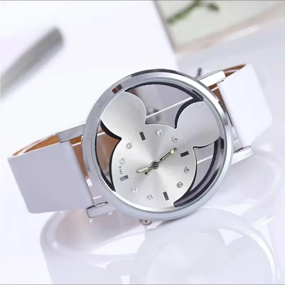 Minnie Mickey Mouse Watch Clear Analog Adjustable Buckle Band Silver White
